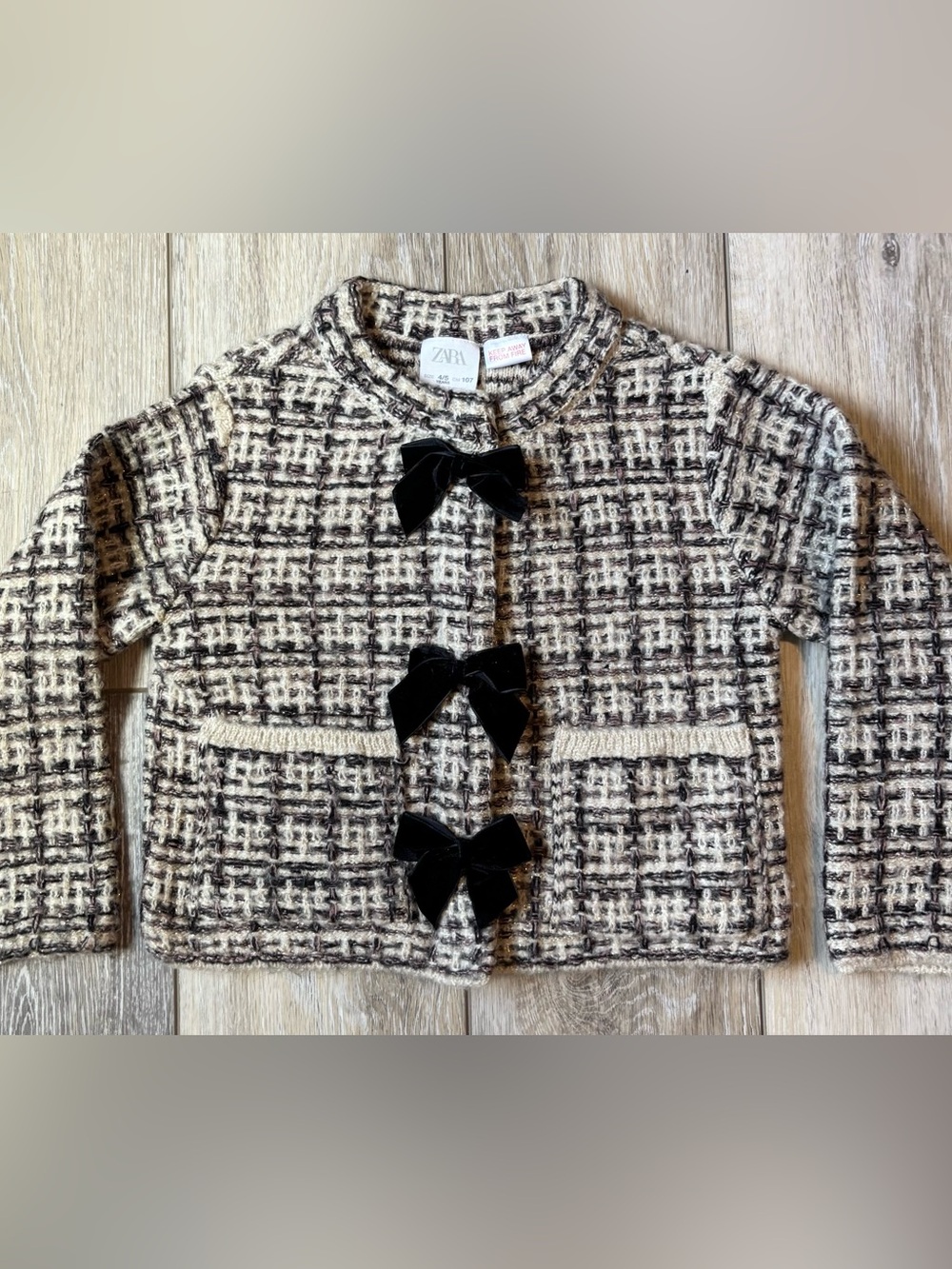 Zara Girls Tweed Jacket Cardigan Black Bow Trim Cream Brown 4/5T